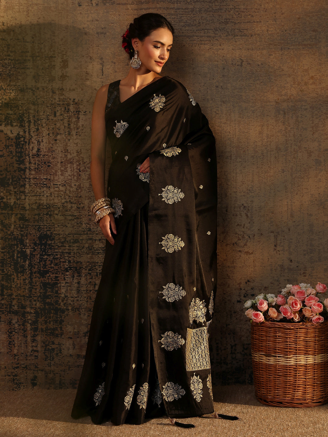 Black Floral Embroidered Silk Blend Saree With Unstitched Blouse Piece