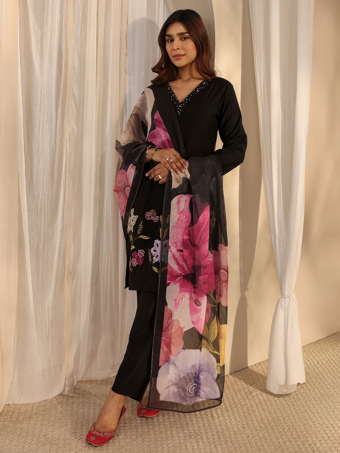 Black Floral Embroidered Silk Blend Straight Suit Set With Dupatta