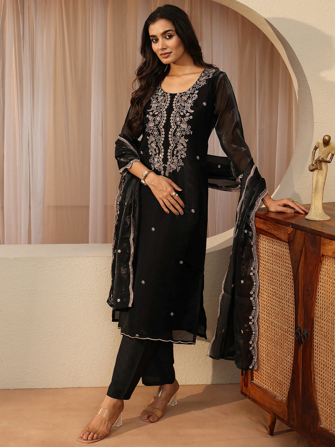 Black Floral Embroidered Tissue Straight Suit Set