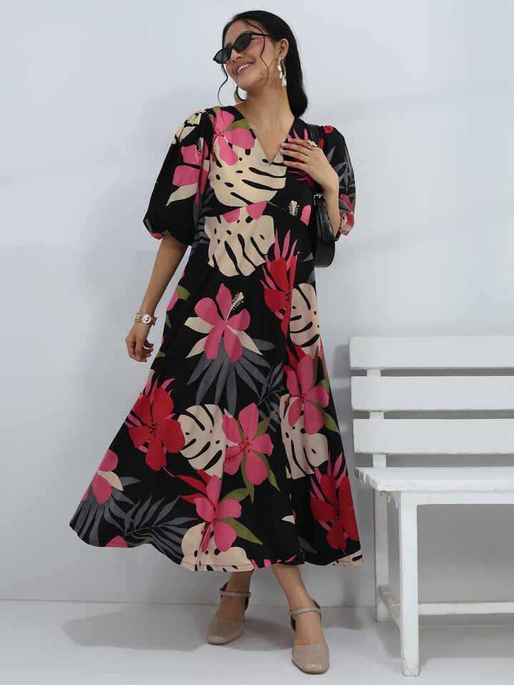 Black Floral Printed Cotton A-Line One-Piece Dress