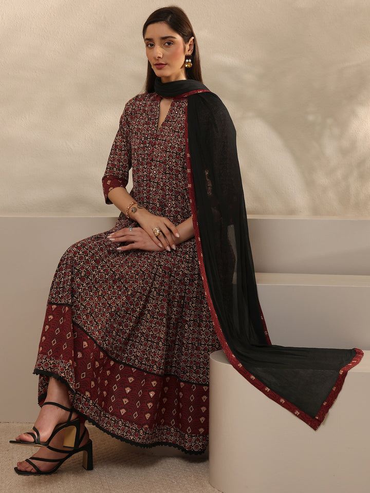 Black Floral Printed Cotton Anarkali Suit Set With Dupatta