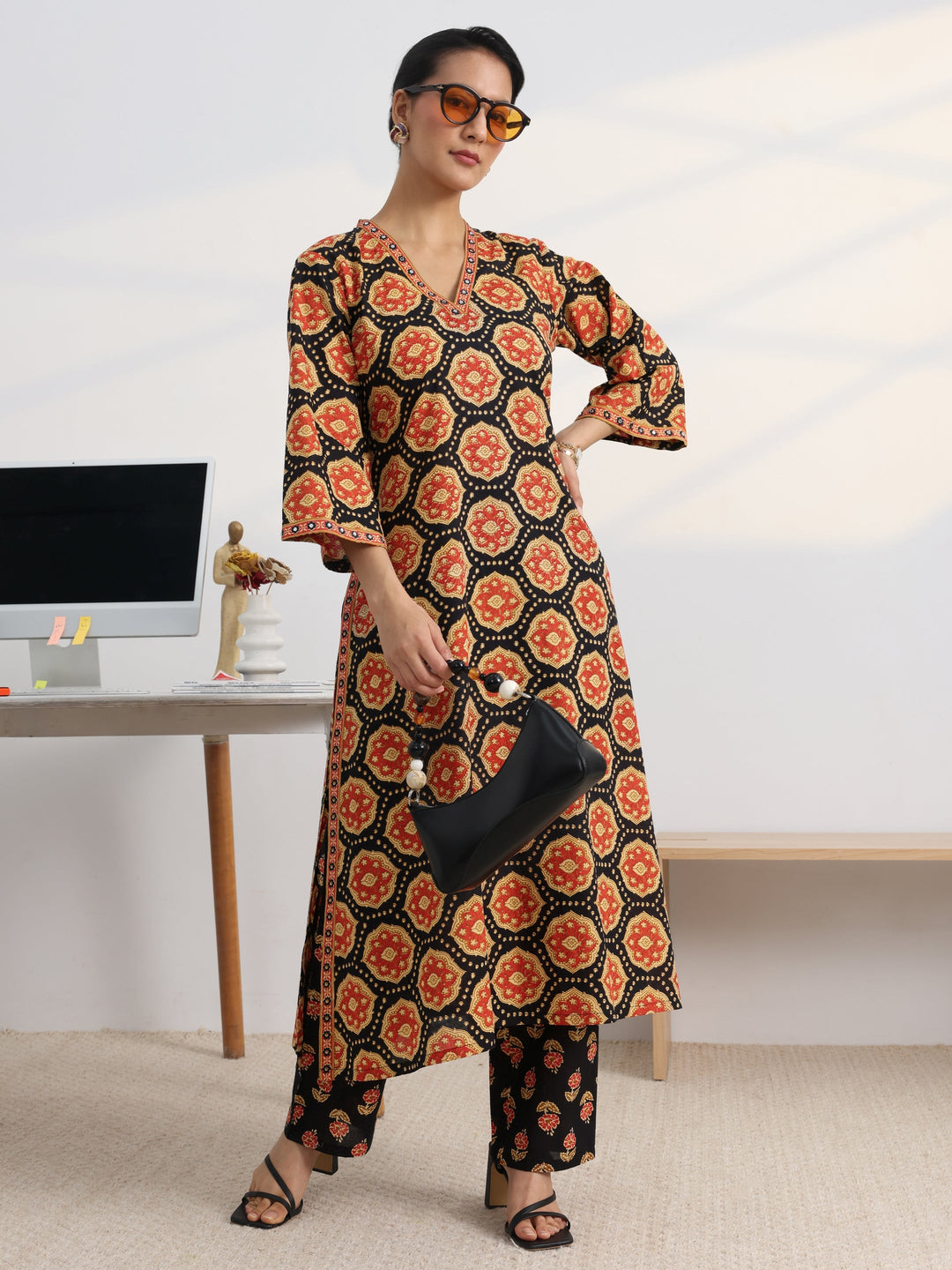 Black Floral Printed Cotton Blend A-Line Kurta Set