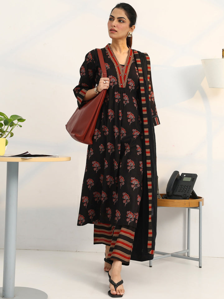 Black Floral Printed Cotton Blend A-Line Suit Set With Dupatta