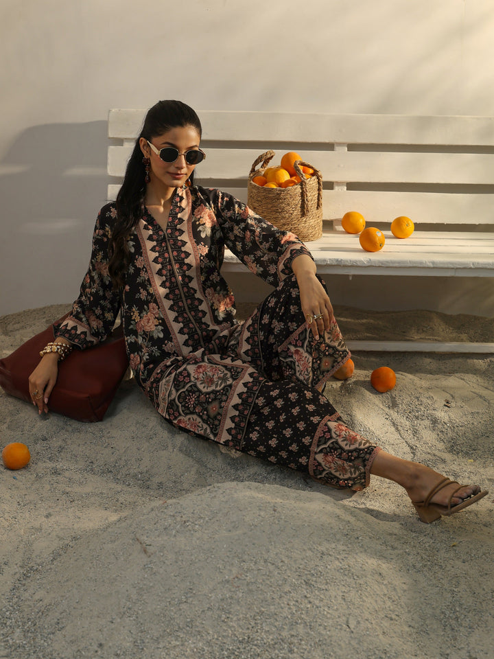 Black Floral Printed Cotton Blend Co-Ord Set