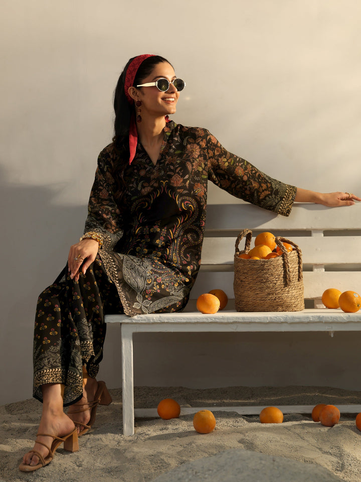 Black Floral Printed Cotton Blend Co-Ord Set