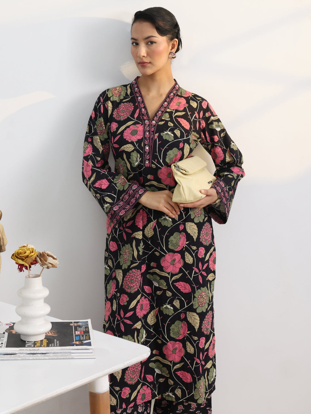 Black Floral Printed Cotton Blend Straight Kurta Set