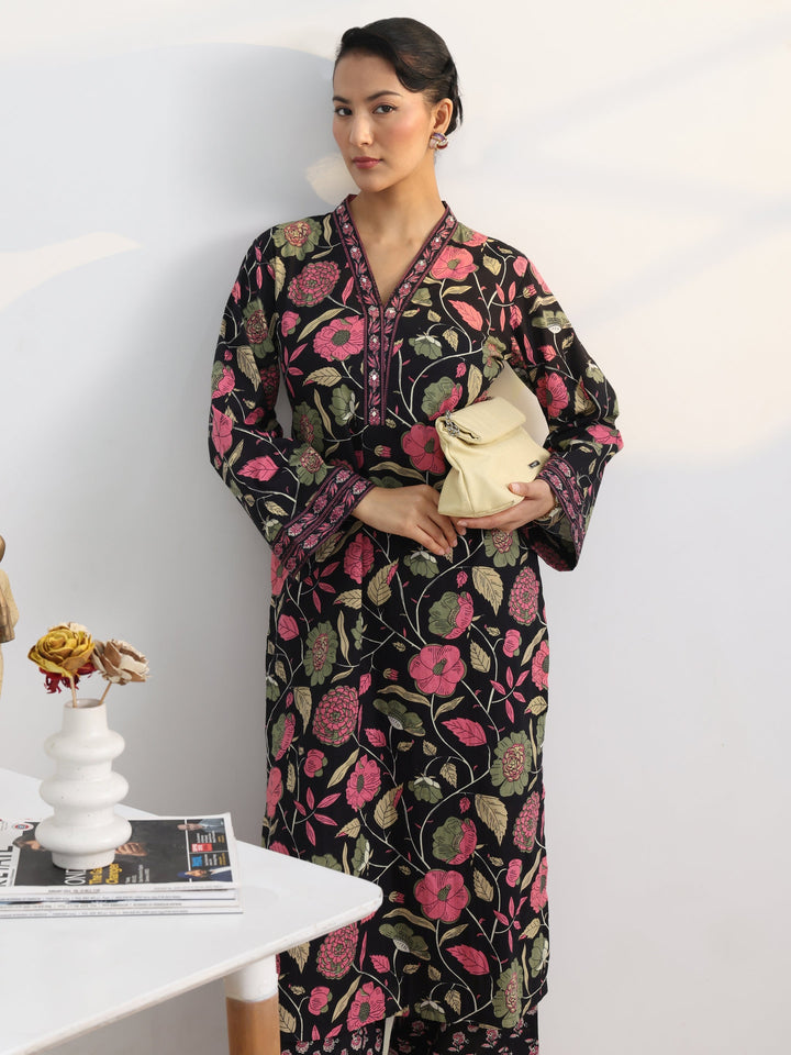 Black Floral Printed Cotton Blend Straight Kurta Set
