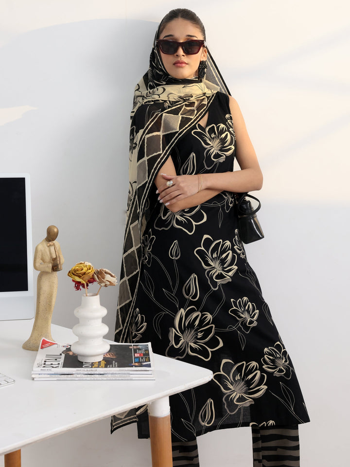 Black Floral Printed Cotton Blend Straight Suit Set With Dupatta