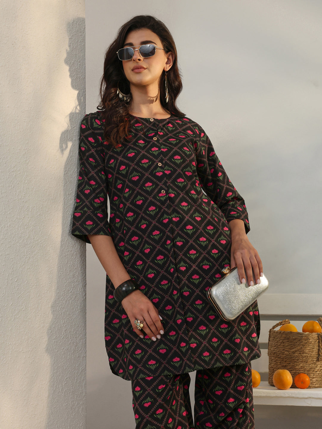 Black Floral Printed Cotton Co-Ord Set