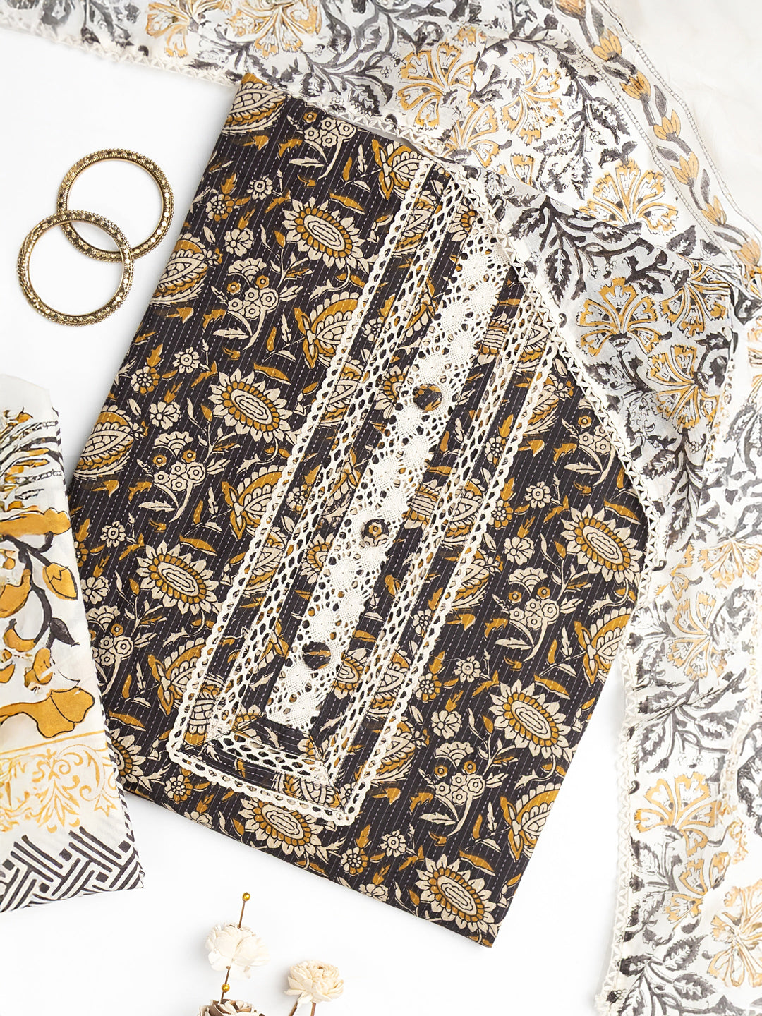 Black Floral Printed Cotton Dress Material With Dupatta