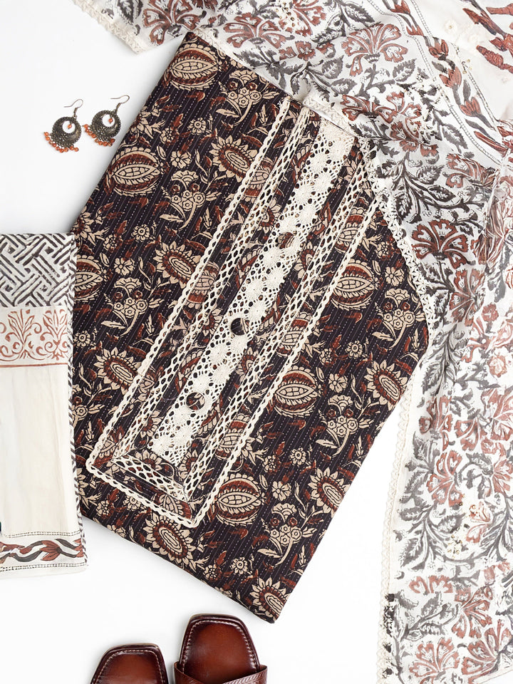 Black Floral Printed Cotton Dress Material With Dupatta