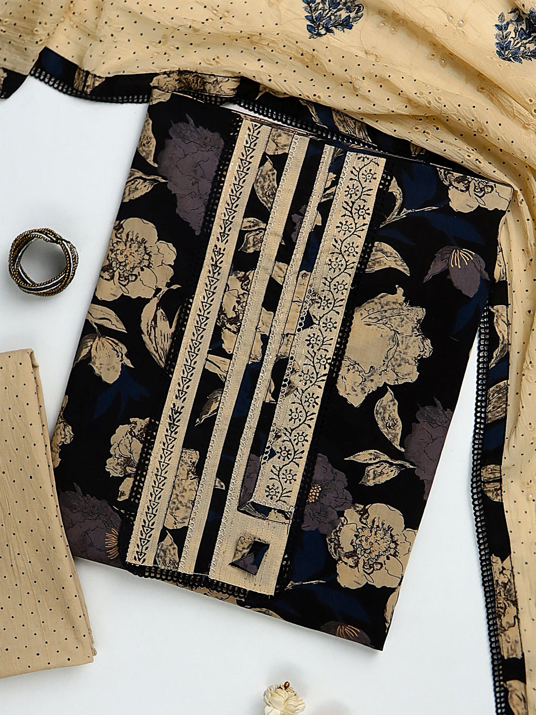 Black Floral Printed Cotton Dress Material With Dupatta