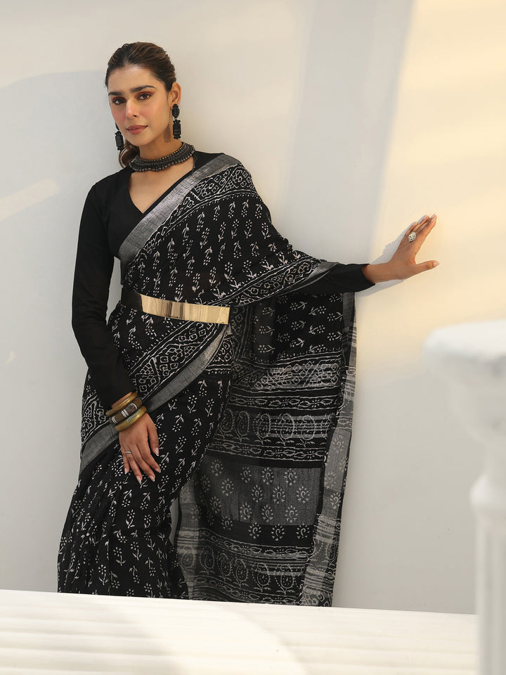 Libas Black Dabu Printed Cotton Saree