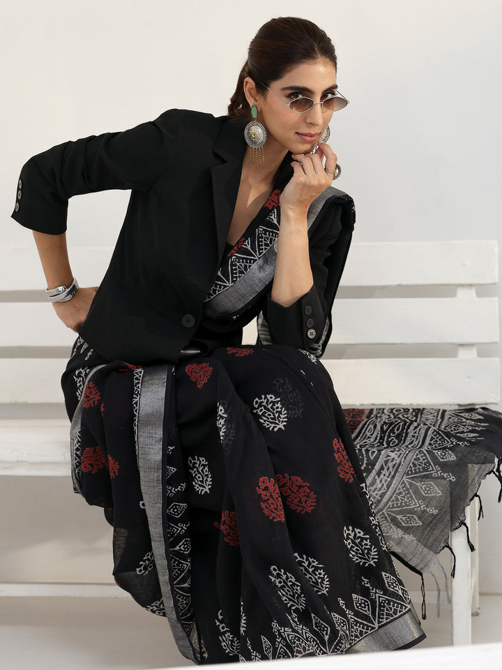Black Floral Printed Cotton Saree