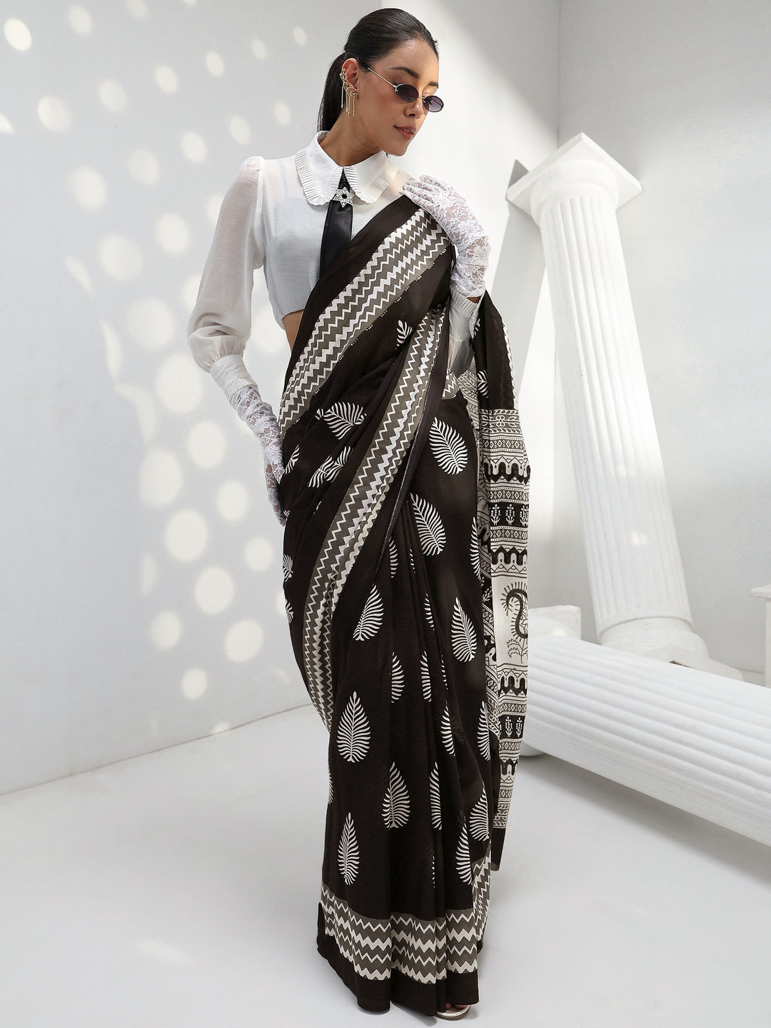 Black Floral Printed Cotton Saree