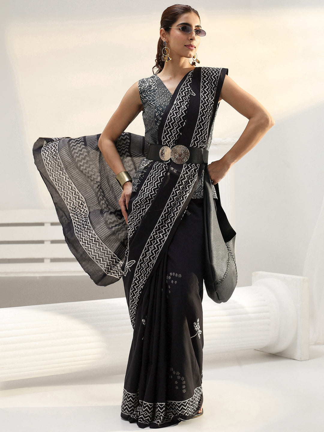 Black Floral Printed Cotton Saree