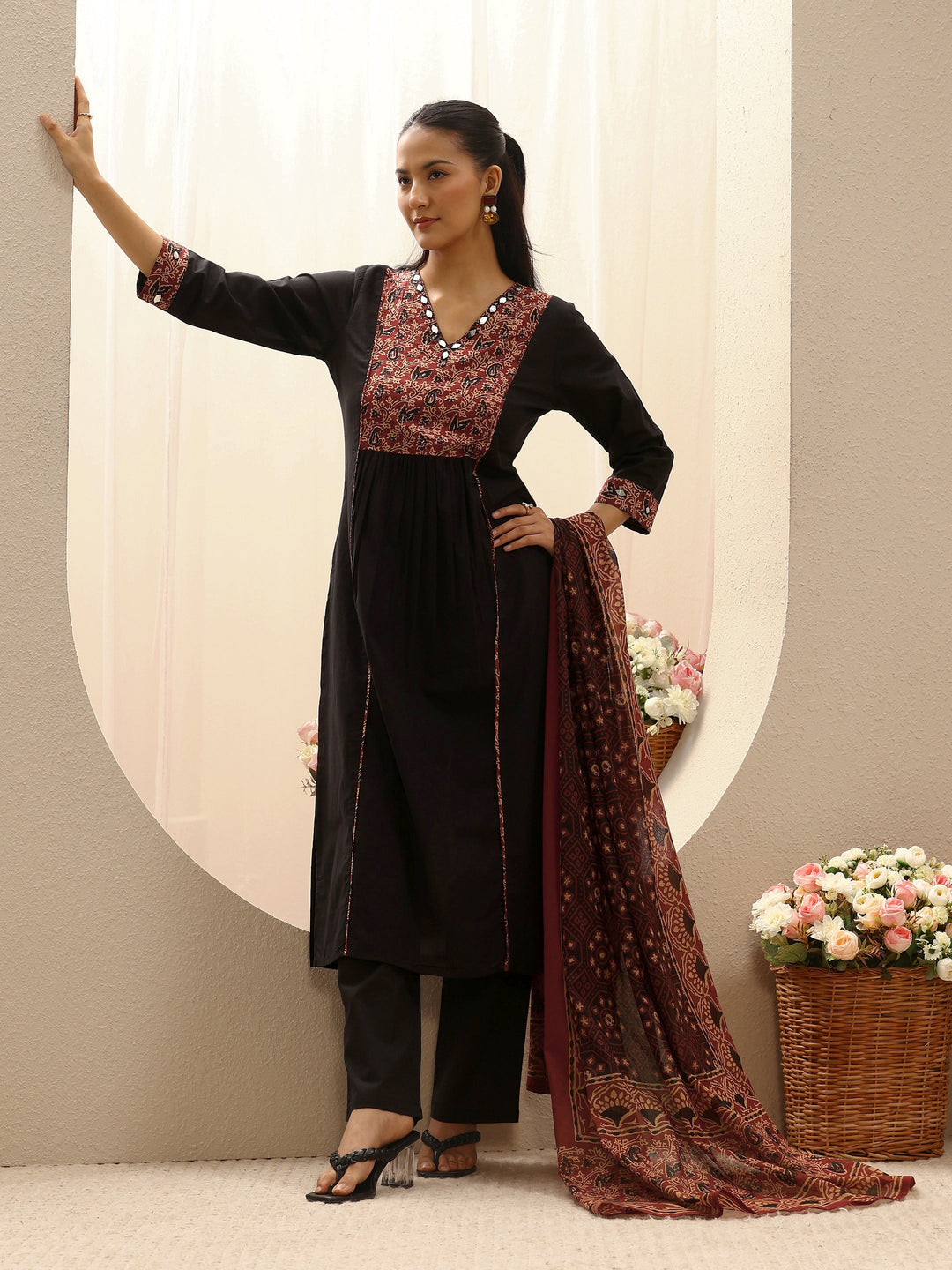 Black Floral Printed Cotton Straight Suit Set With Dupatta
