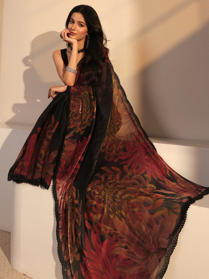 Libas Black Floral Printed Organza Saree With Unstiched Blouse Piece