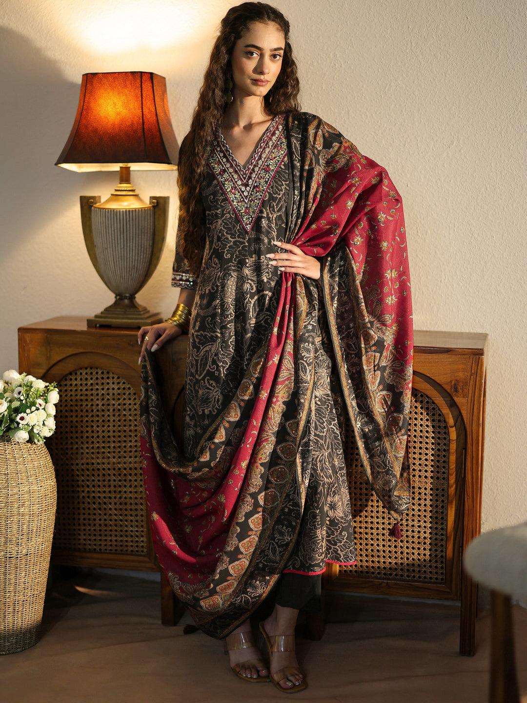 Black Floral Printed Silk Blend Anarkali Suit Set