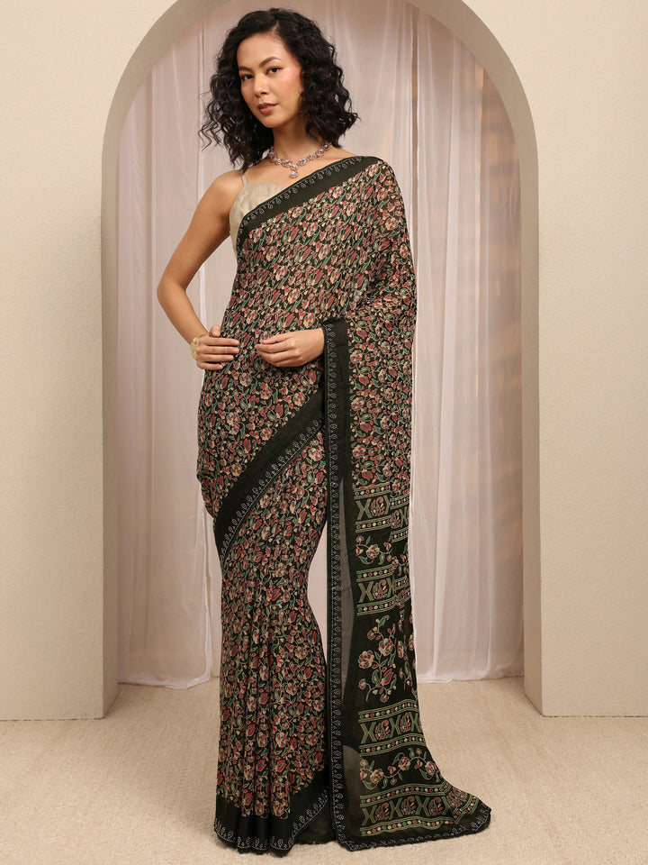 Black Floral Printed Silk Blend Saree With Unstitched Blouse Piece