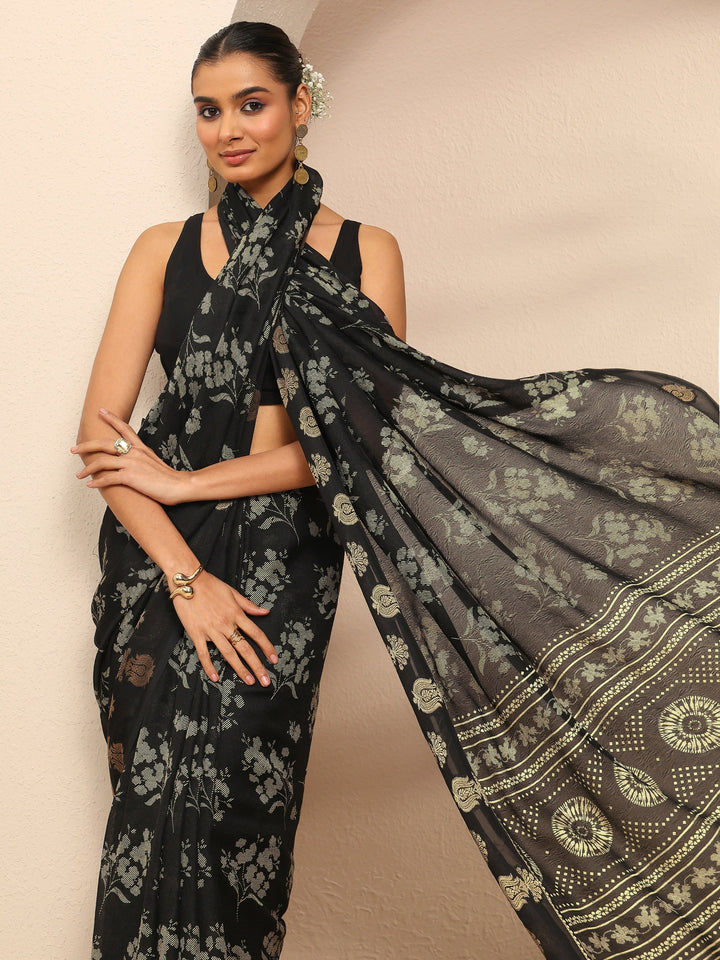 Black Floral Printed Silk Blend Saree With Unstitched Blouse Piece