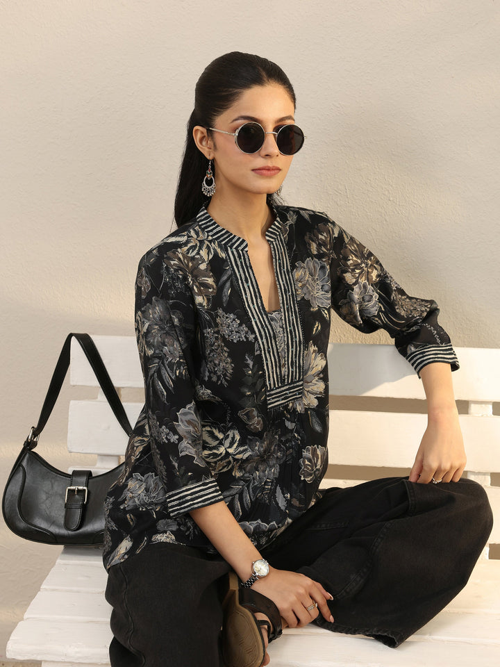 Black Floral Printed Silk Blend Straight Short Kurti