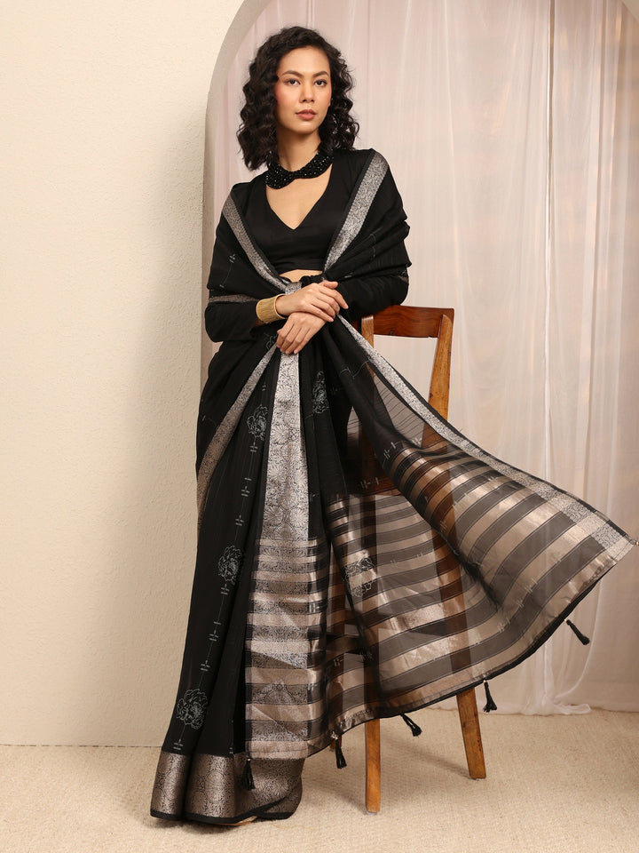 Black Floral Woven Design Silk Blend Saree With Unstitched Blouse Piece