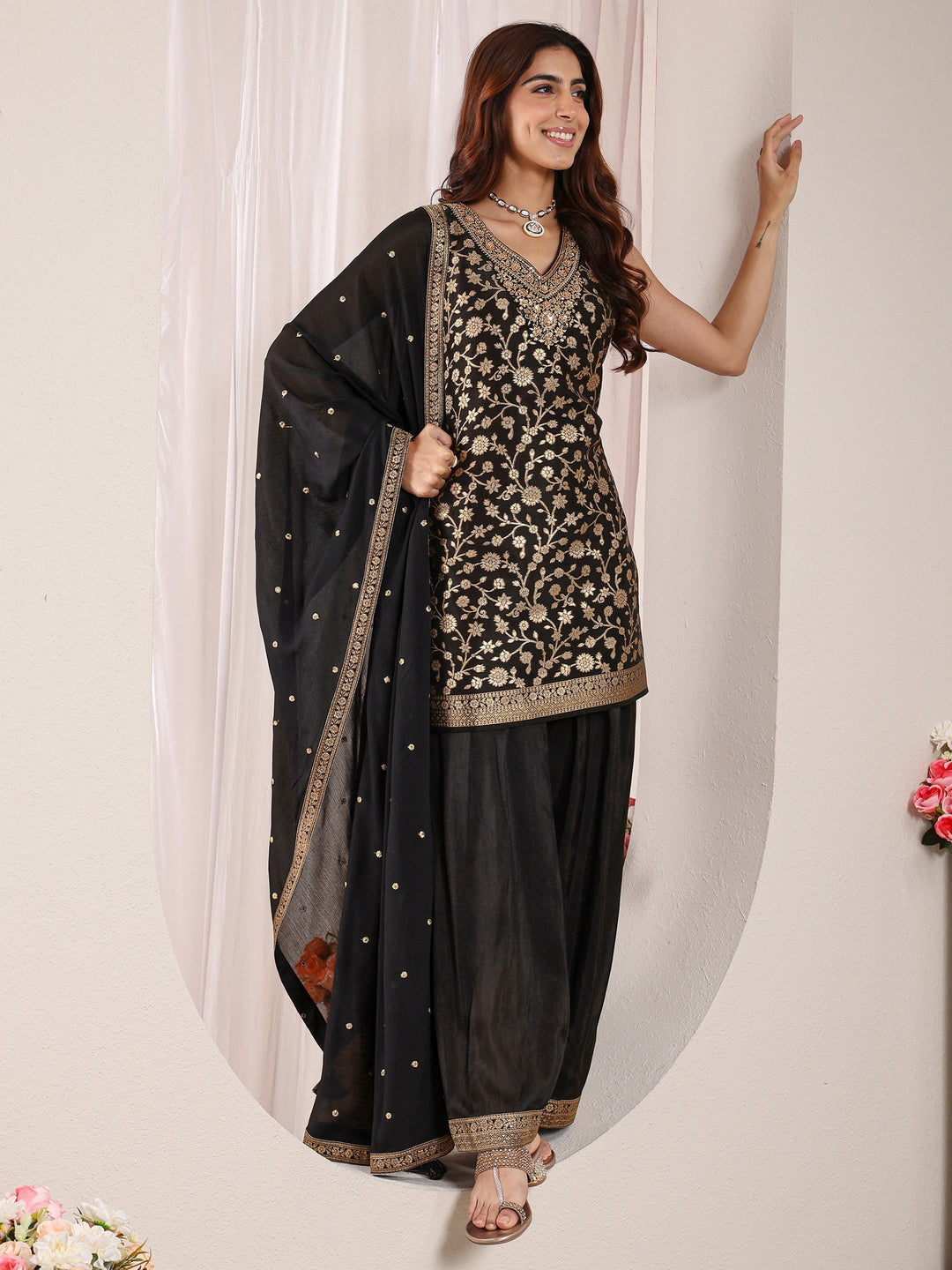 Black Floral Woven Design Silk Blend Straight Suit Set With Dupatta