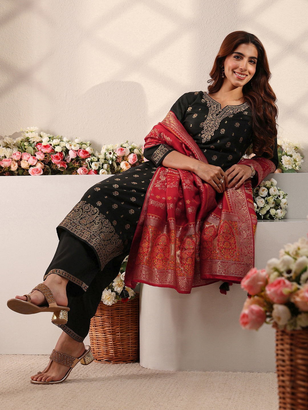 Black Floral Woven Design Silk Blend Straight Suit Set With Dupatta