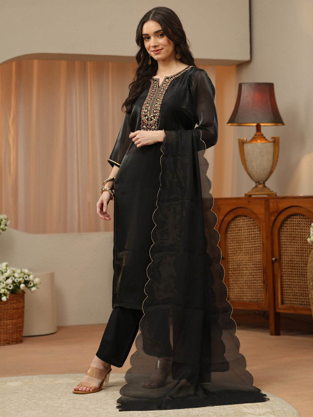 Buy Gerua Black Floral Yoke Design Tissue Straight Suit Set Online in Australia at $87.00