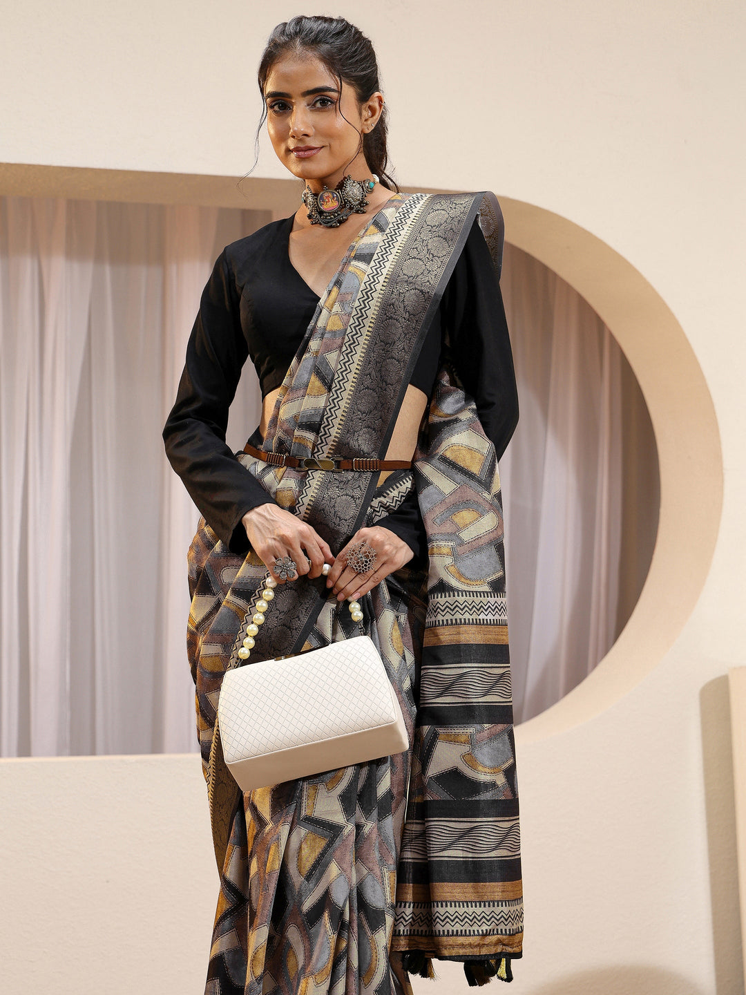 Black Geometric Print Silk Blend Saree