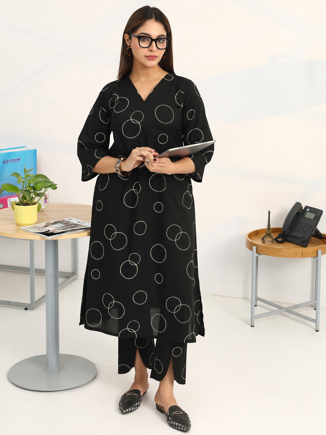 Black Geometric Printed Cotton Blend A-Line Kurta Set