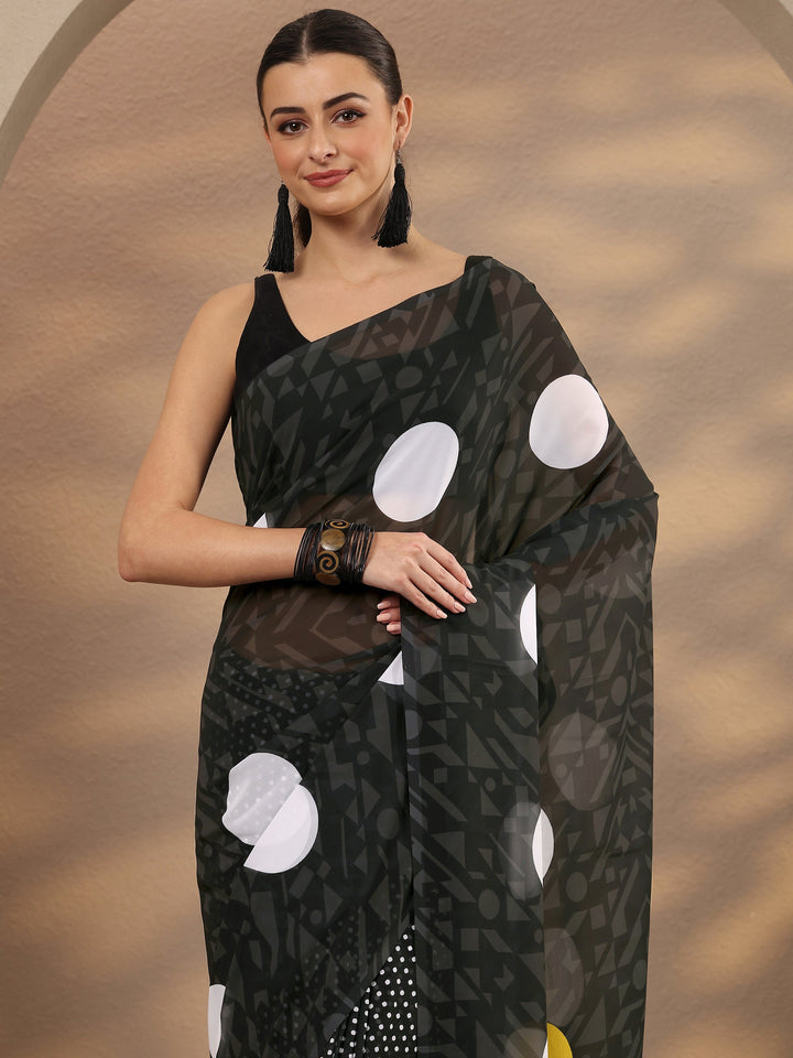 Black Geometric Printed Georgette Saree With Unstitched Blouse Piece