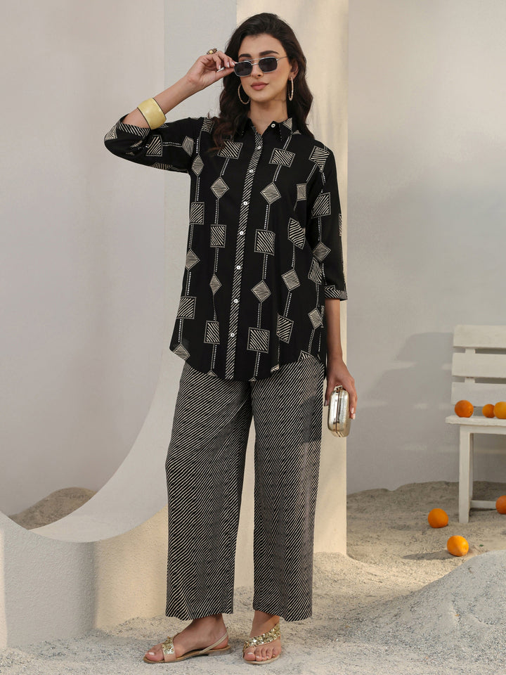 Black Geometric Printed Rayon Co-Ord Set