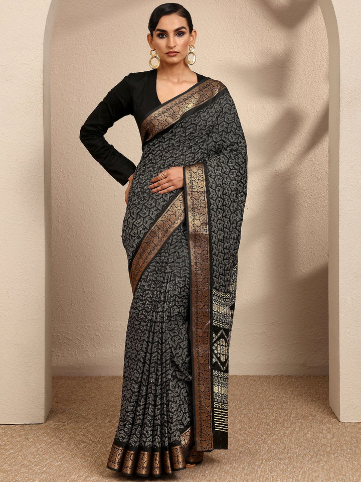 Black Geometric Printed Silk Blend Saree With Unstitched Blouse Piece