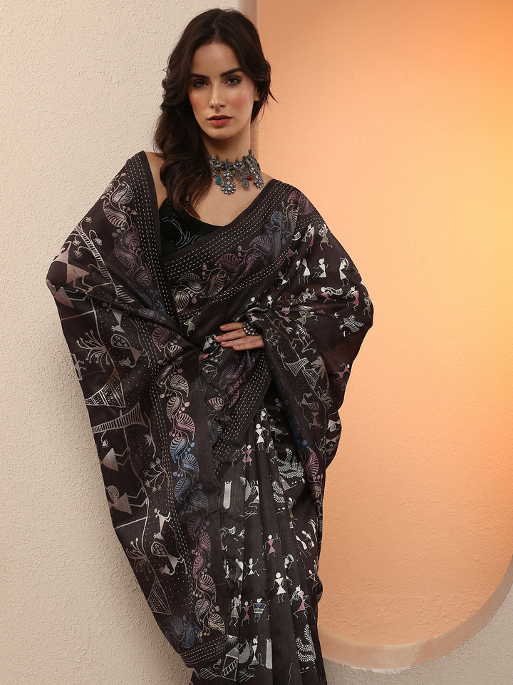 Black Kalamkari Printed Silk Blend Saree With Unstitched Blouse Piece