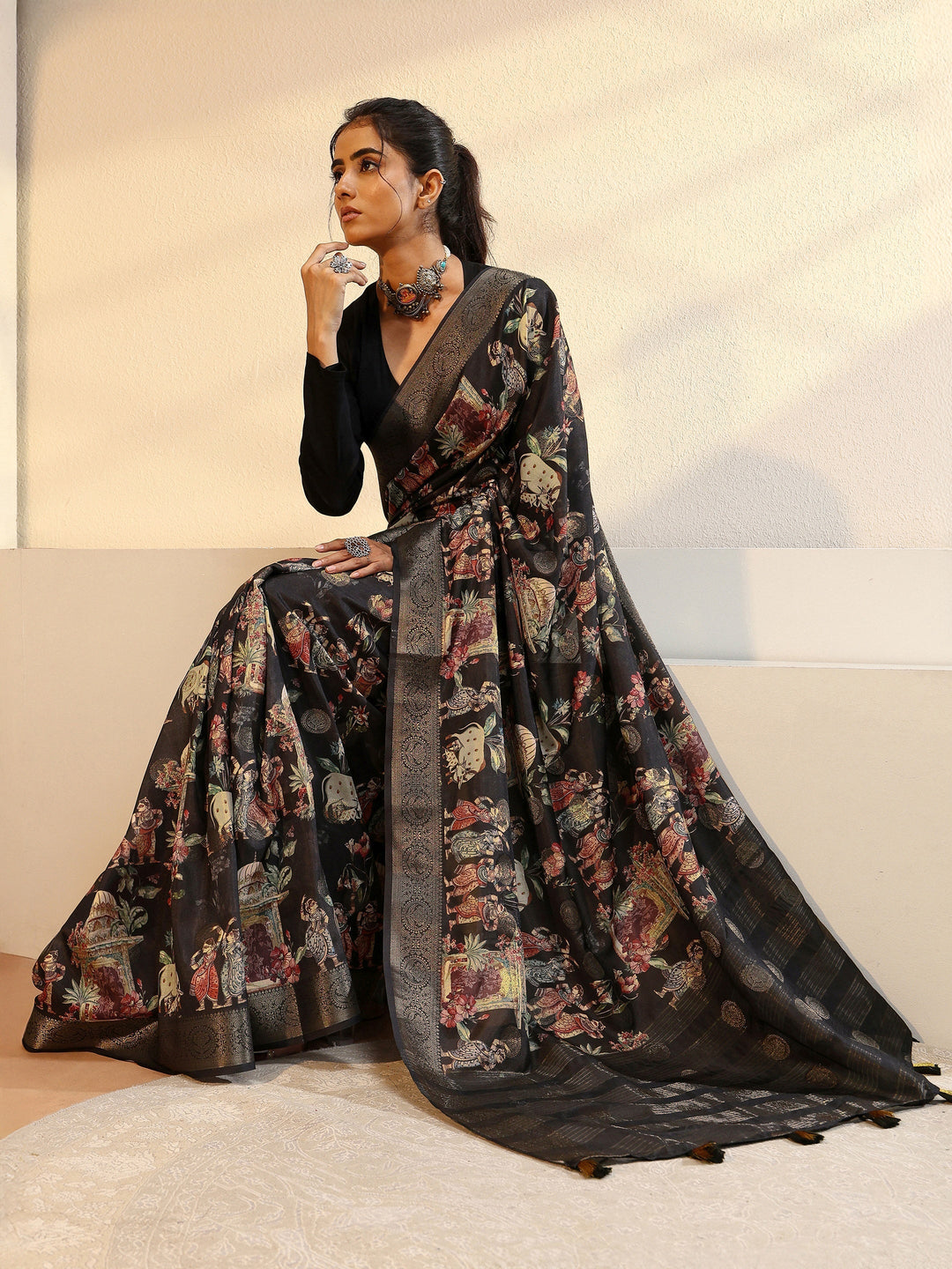 Black Maharaja Print Silk Blend Saree