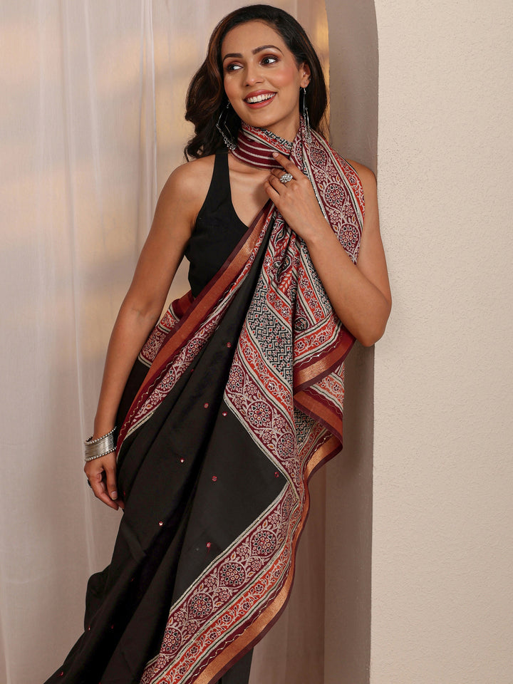 Black Mirror Work Silk Blend Saree 
With Unstitched Blouse Piece