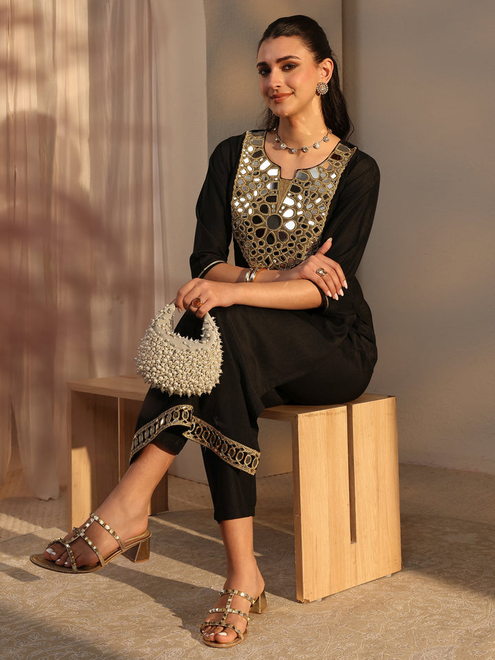 Black Mirror Work Yoke Design Silk Blend Straight Kurta Set
