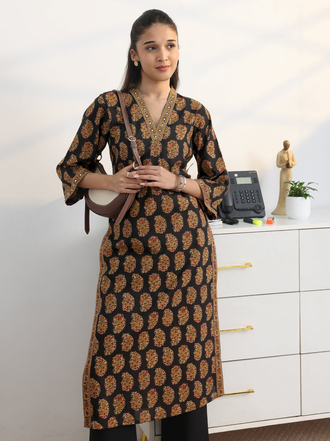 Black Paisley Printed Cotton Blend Straight Kurta