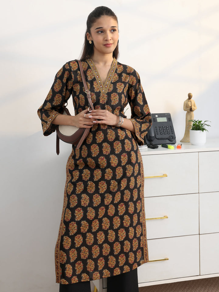 Black Paisley Printed Cotton Blend Straight Kurta