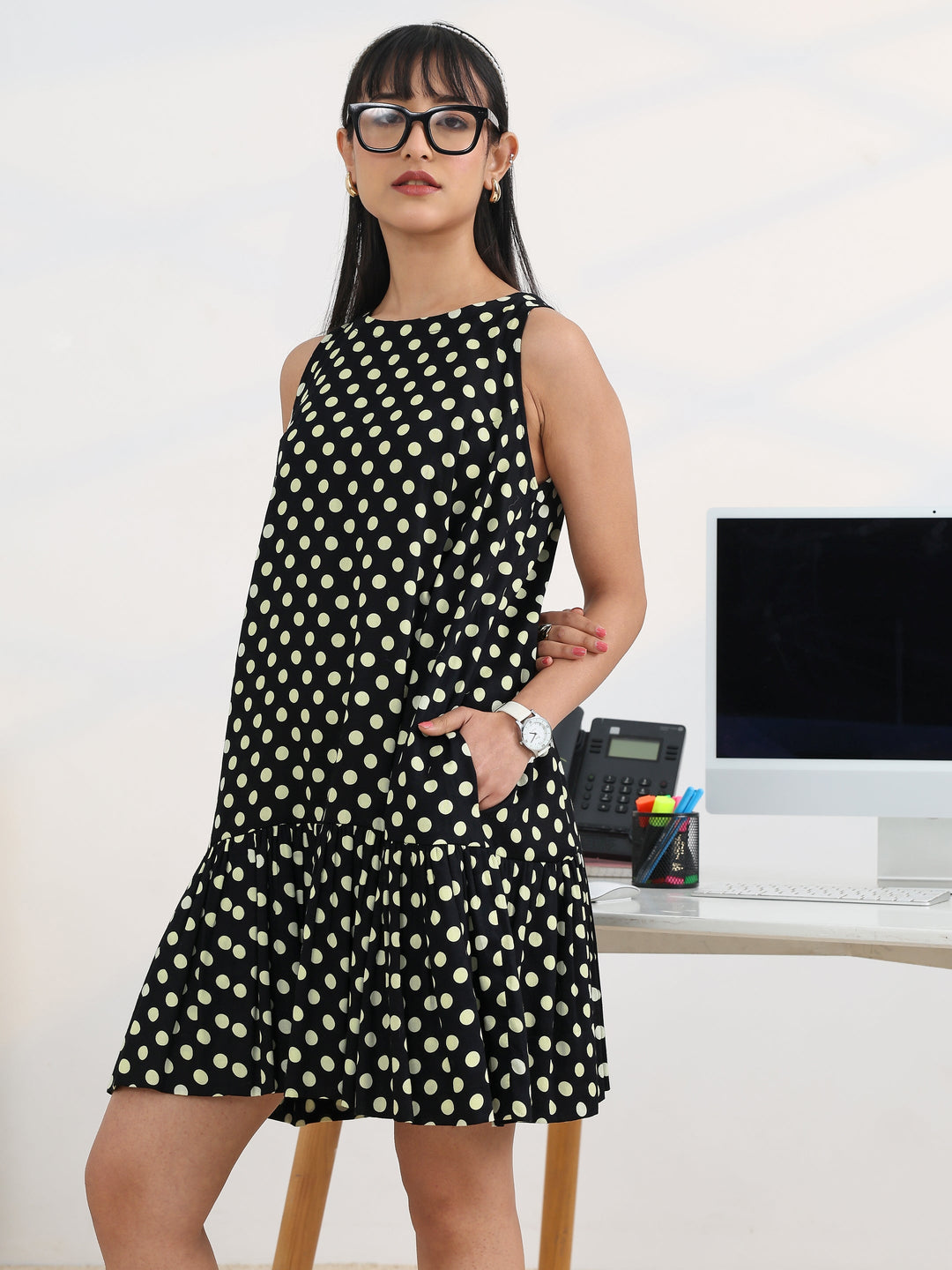 Black Polka Dots Printed Cotton A-line One Piece Dress