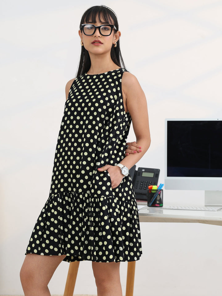 Black Polka Dots Printed Cotton A-line One Piece Dress