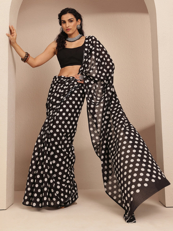 Black Polka Dots Printed Cotton Saree With Unstitched Blouse Piece