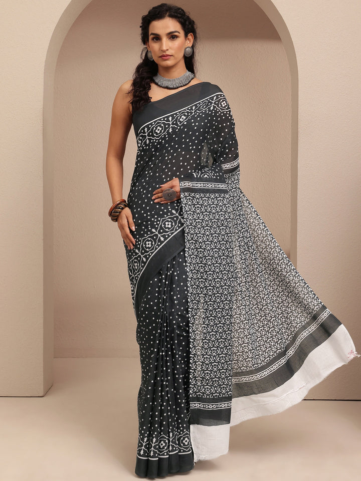 Black Polka Dots Printed Cotton Saree With Unstitched Blouse Piece