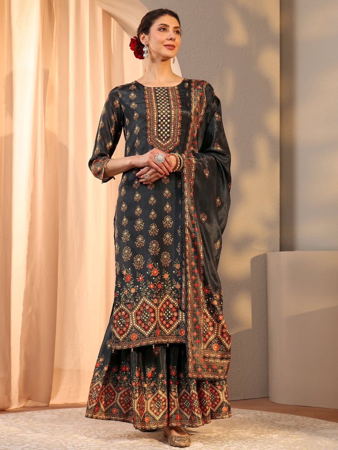 Black Printed Chinon Sharara Suit Set With Dupatta
