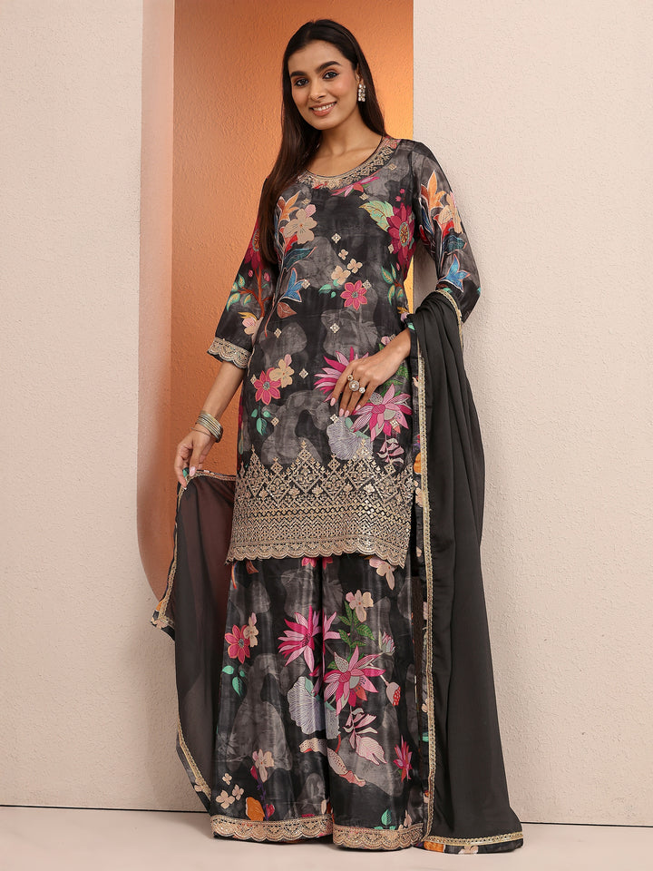 Black Printed Chinon Straight Suit Set With Dupatta