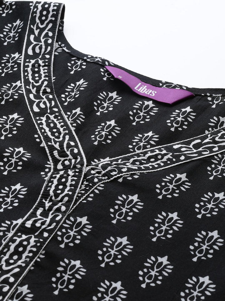 Black Printed Cotton A-Line Kurti - ShopLibas
