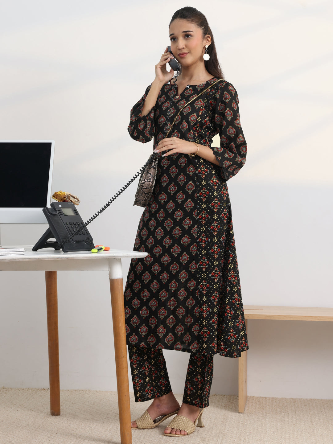 Black Printed Cotton Blend A-Line Kurta Set