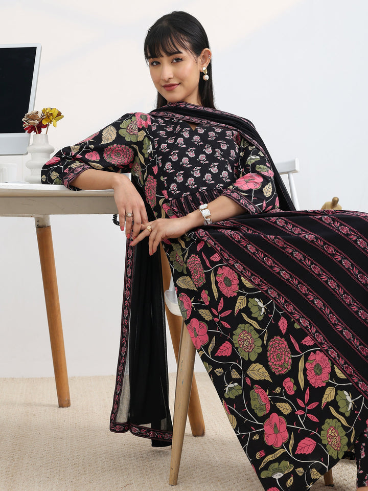 Black Printed Cotton Blend A-Line Suit Set With Dupatta